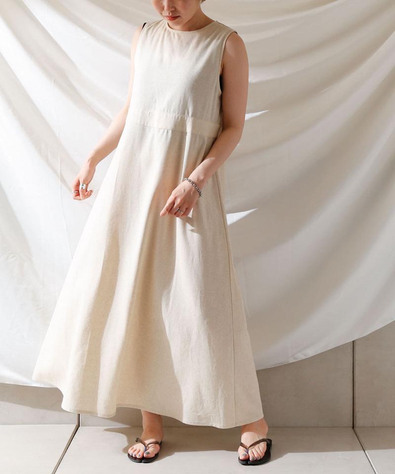 麻混バックオープンノースリワンピース