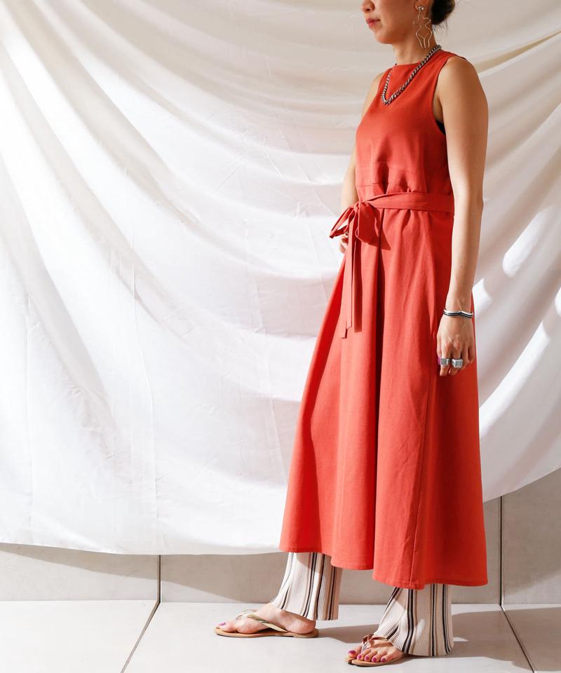 麻混バックオープンノースリワンピース