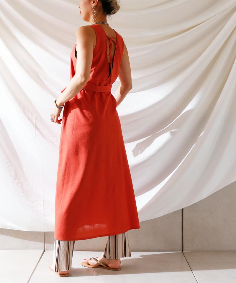 麻混バックオープンノースリワンピース