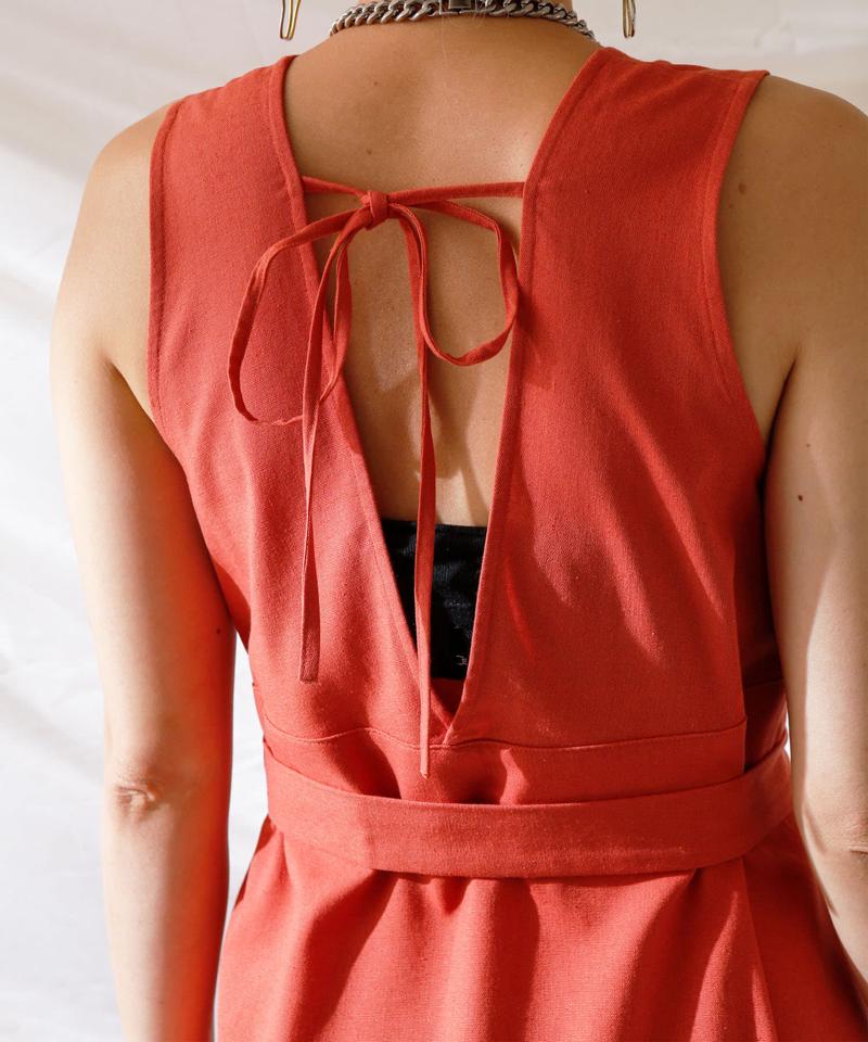 麻混バックオープンノースリワンピース