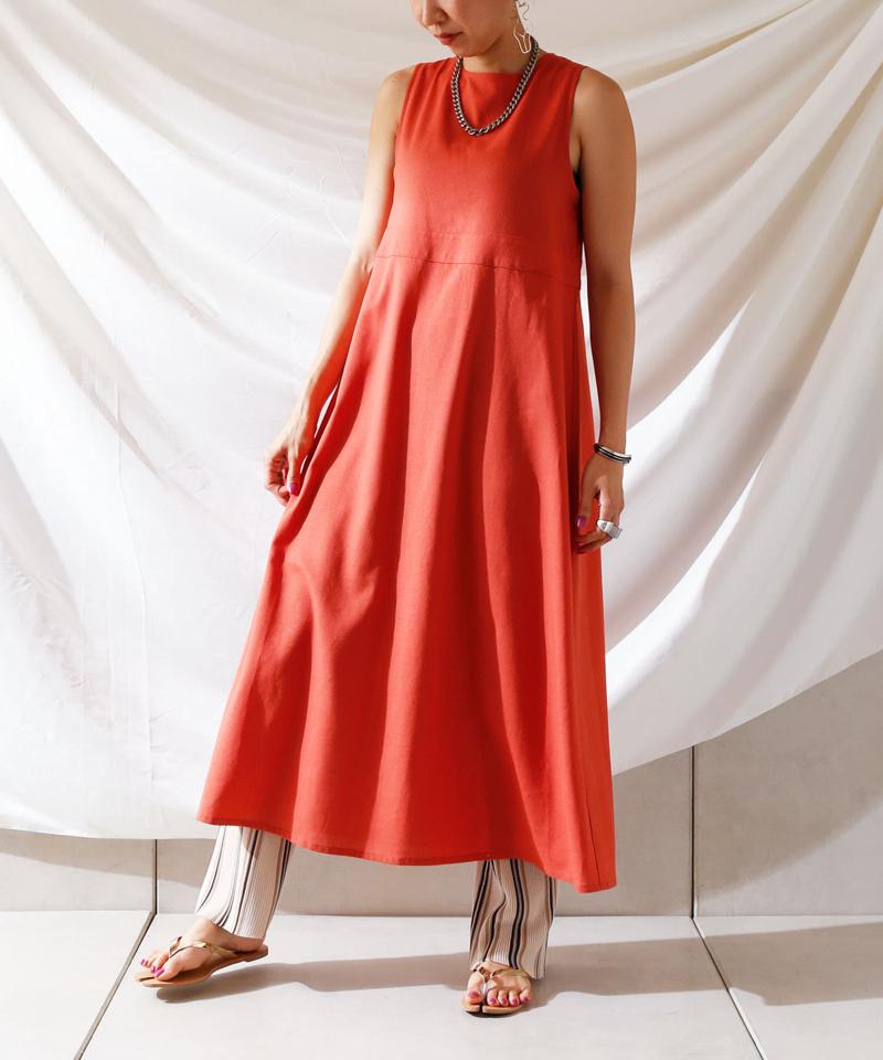 麻混バックオープンノースリワンピース