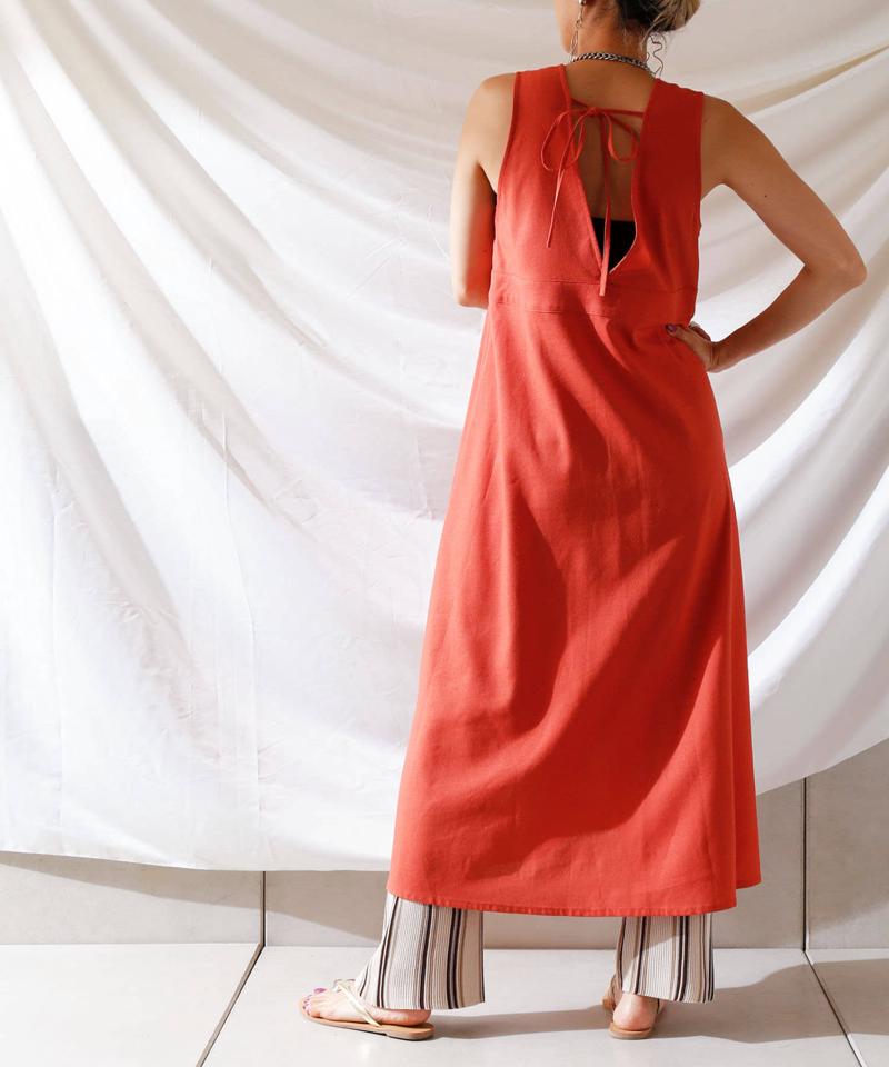 麻混バックオープンノースリワンピース