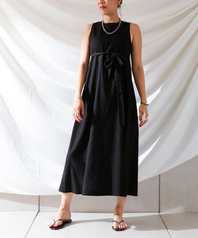 麻混バックオープンノースリワンピース