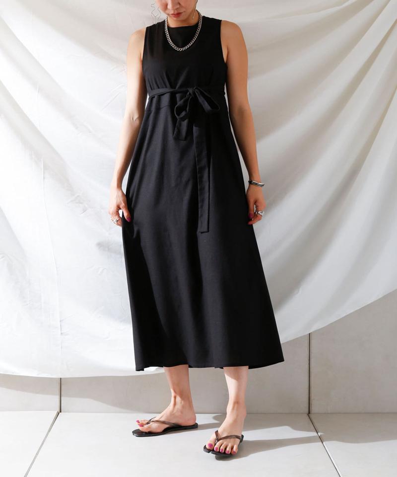 麻混バックオープンノースリワンピース