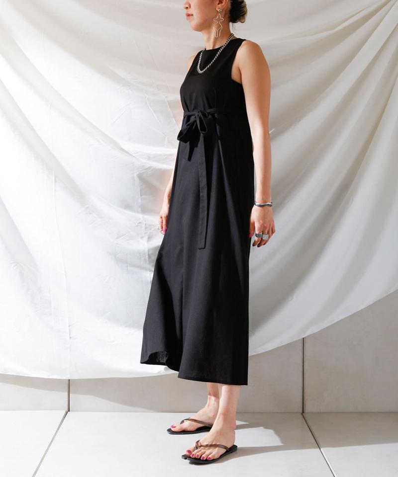 麻混バックオープンノースリワンピース