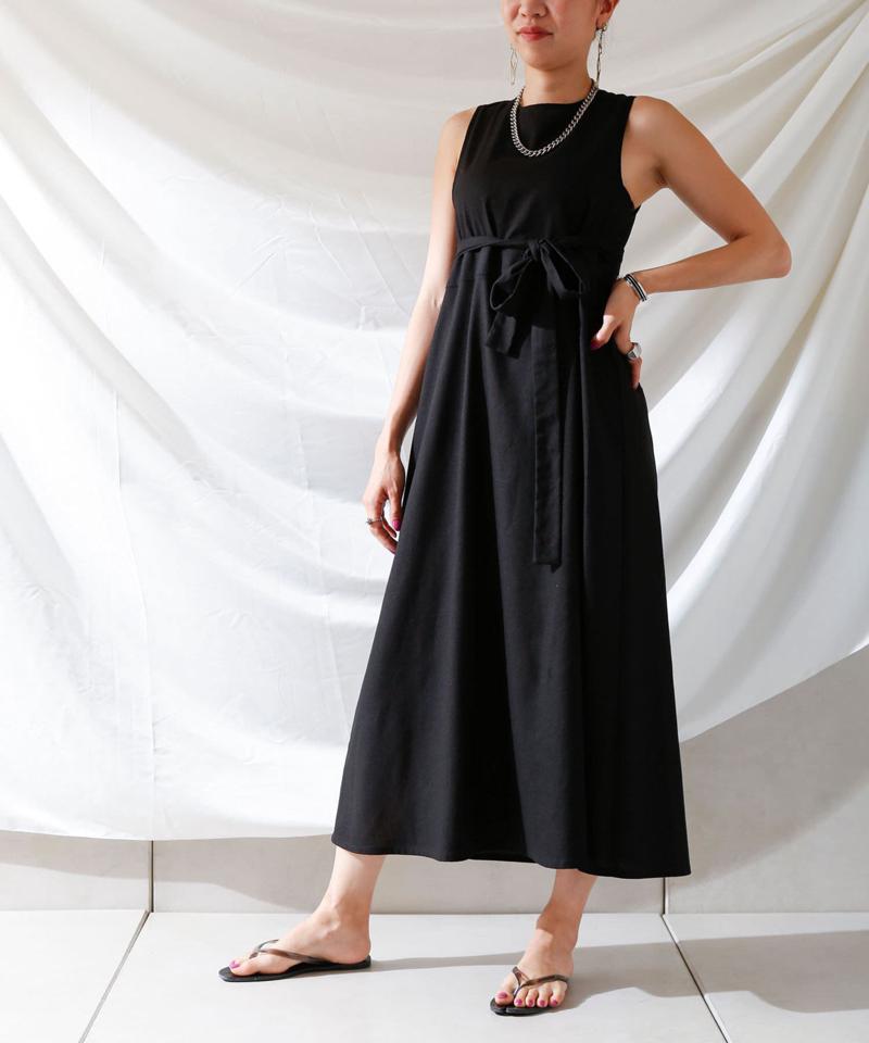 麻混バックオープンノースリワンピース