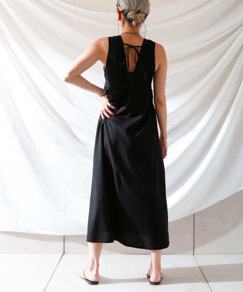 麻混バックオープンノースリワンピース