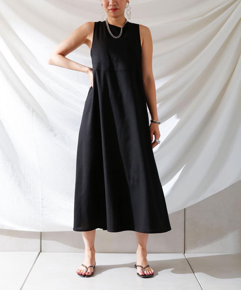 麻混バックオープンノースリワンピース