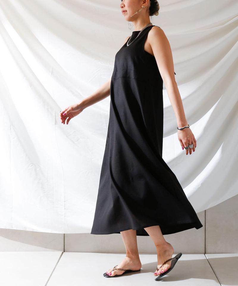 麻混バックオープンノースリワンピース