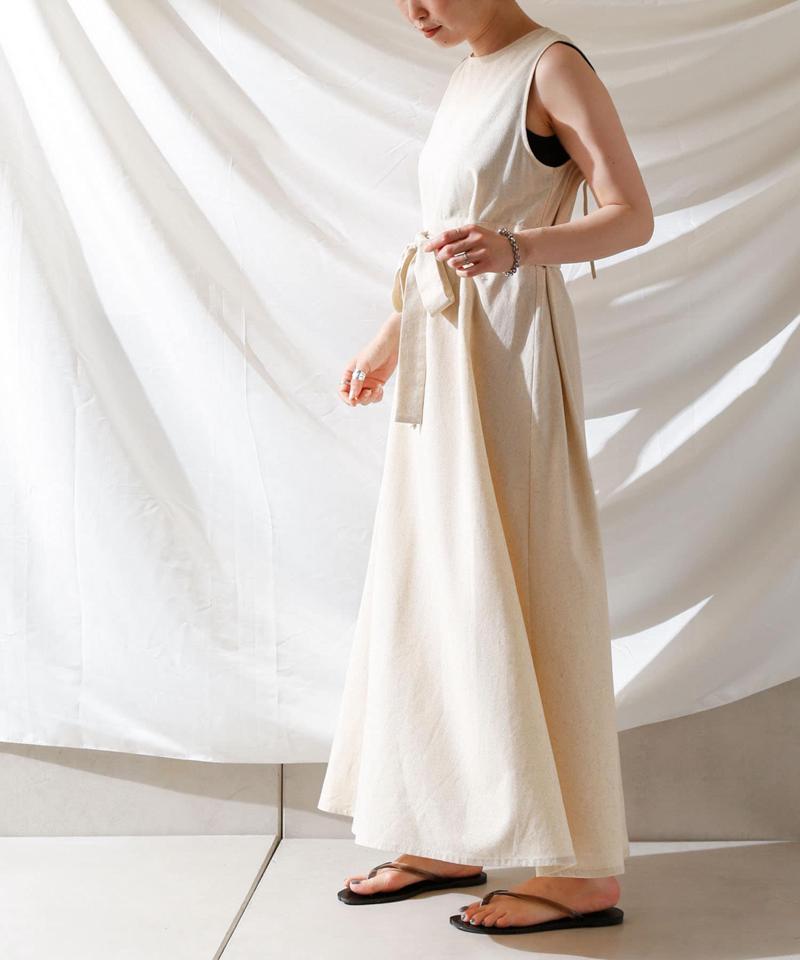 麻混バックオープンノースリワンピース