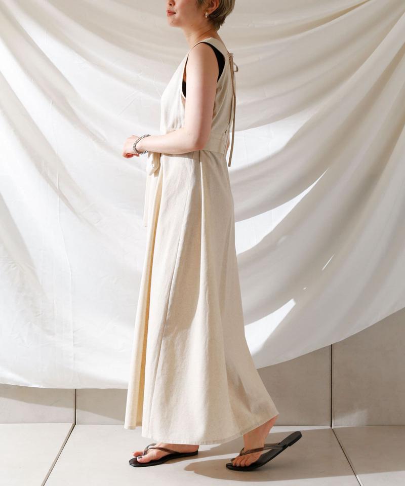 麻混バックオープンノースリワンピース