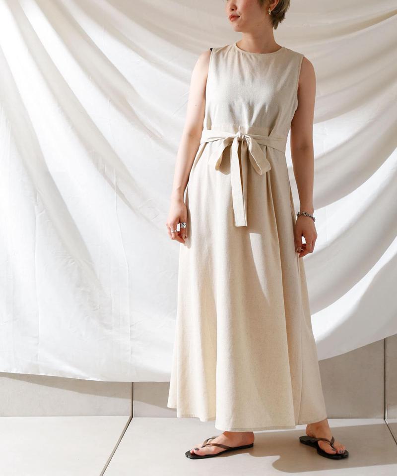 麻混バックオープンノースリワンピース