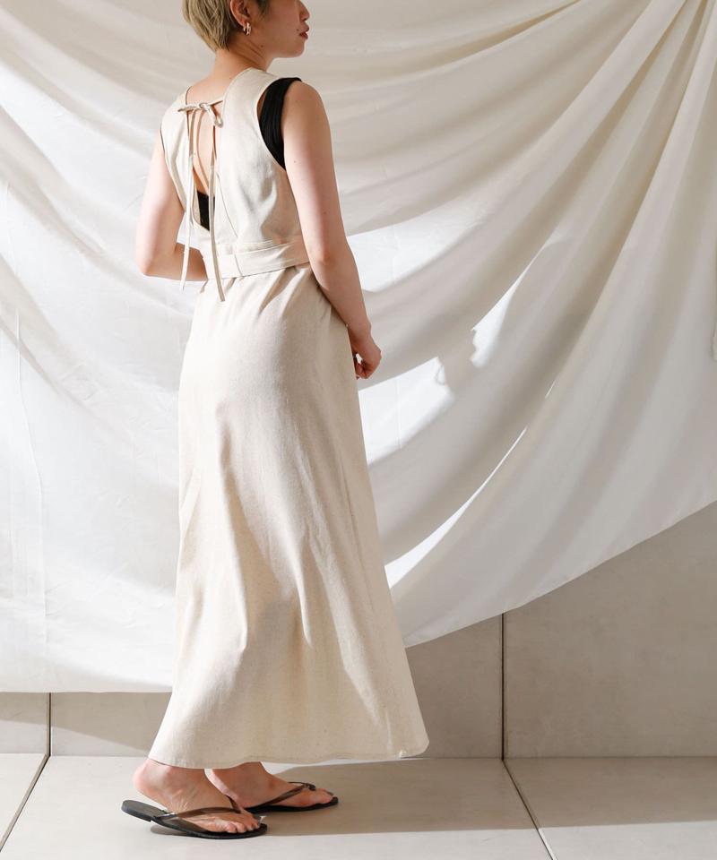 麻混バックオープンノースリワンピース