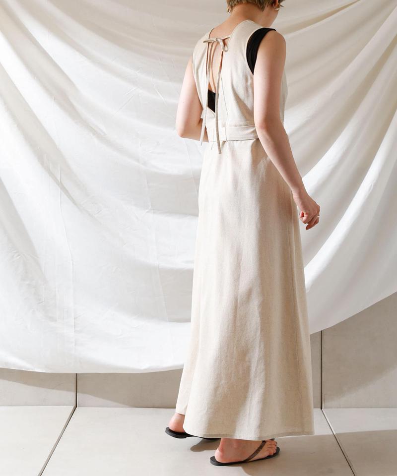 麻混バックオープンノースリワンピース