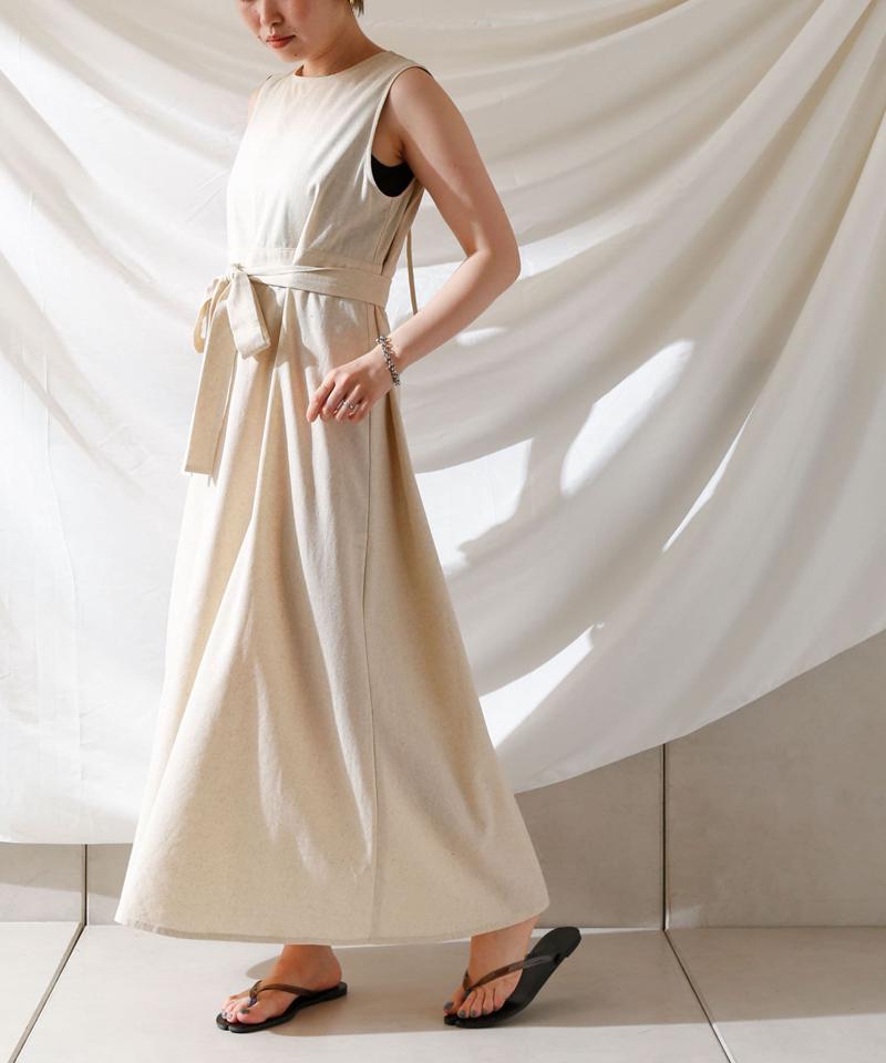 麻混バックオープンノースリワンピース