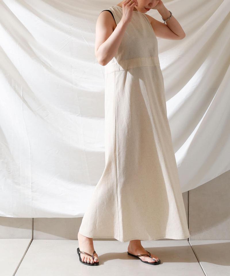 麻混バックオープンノースリワンピース