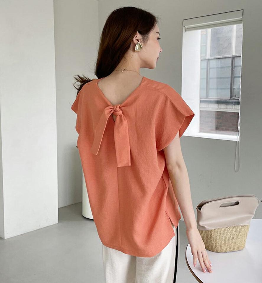 バックリボンブラウス・全3色・t69088 レディース 【bl】 トップス ブラウス スリット バックリボン バックシャン りぼん 単色 シンプル カジュアル かわいい 春 夏 韓国 ファッション ハイホリHIHOLLI