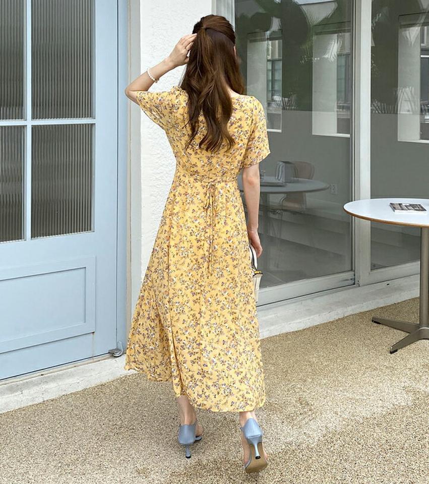 花柄シフォンワンピース・全2色・t69207 レディース 【ops】 ワンピース ロング 半袖 ハーフスリーブ 花柄 フラワー レトロ シフォン フェミニン 揺れ感 可愛い かわいい 上品 春 夏 韓国 ファッション ハイホリHIHOLLI