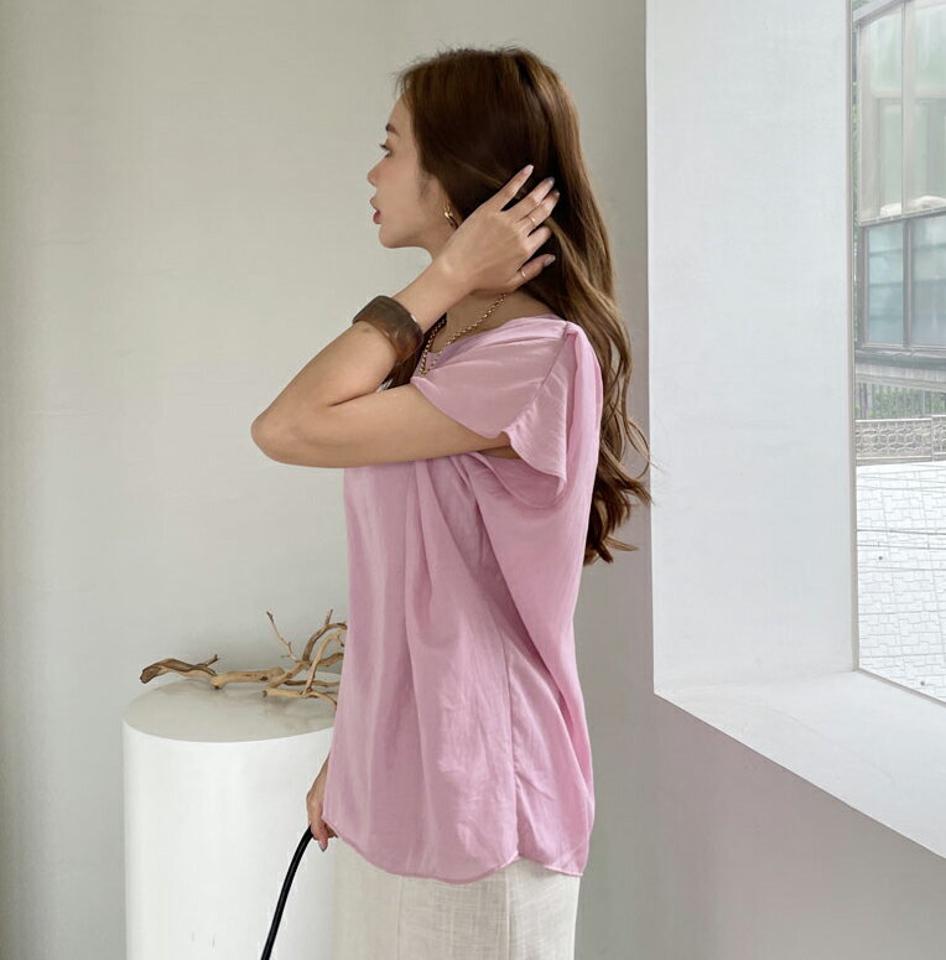 ギャザーパフブラウス・全4色・t69064 レディース 【bl】【トップス ブラウス 半袖 パフ袖 パフスリーブ ギャザー 単色 無地 シンプル フェミニン 上品 春 夏 韓国 ファッション】【ハイホリHIHOLLI】