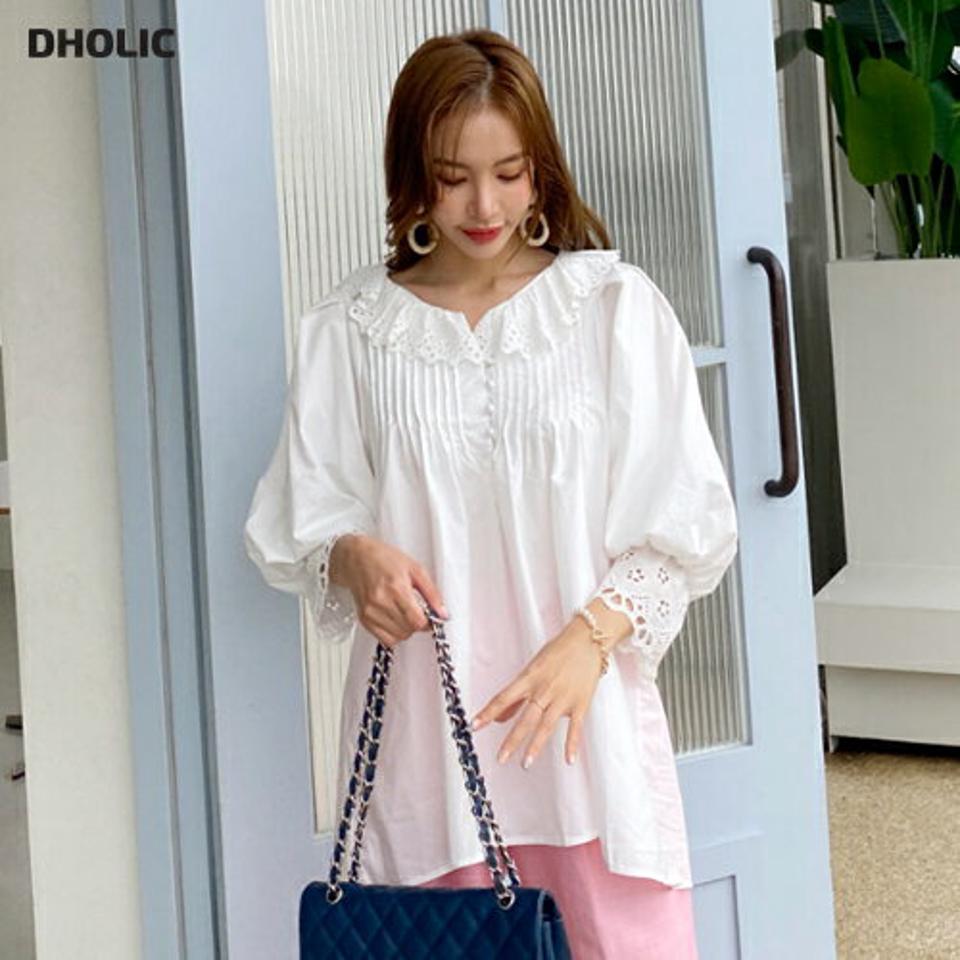 アイレットレースブラウス・全2色・b69100 レディース 【bl】 トップス ブラウス アイレット レース ガーリー シンプル 可愛い かわいい ゆったり 七分丈 七分袖 7分丈 7分袖 春 夏 秋 韓国 ファッション ハイホリHIHOLLI