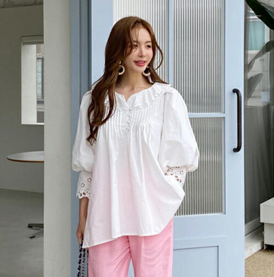アイレットレースブラウス・全2色・b69100 レディース 【bl】 トップス ブラウス アイレット レース ガーリー シンプル 可愛い かわいい ゆったり 七分丈 七分袖 7分丈 7分袖 春 夏 秋 韓国 ファッション ハイホリHIHOLLI