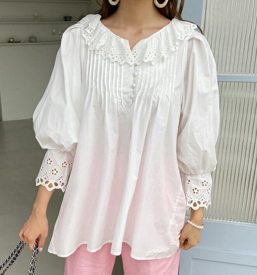 アイレットレースブラウス・全2色・b69100 レディース 【bl】 トップス ブラウス アイレット レース ガーリー シンプル 可愛い かわいい ゆったり 七分丈 七分袖 7分丈 7分袖 春 夏 秋 韓国 ファッション ハイホリHIHOLLI