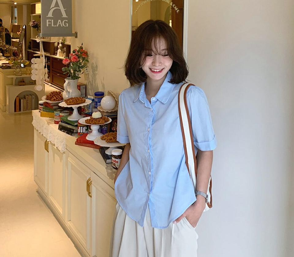 ロールアップ半袖シャツ・全8色・t62347 レディース 【tops】 トップス シャツ 半袖 ロールアップ 単色 無地 シンプル ベーシック カジュアル 大人 春 夏 韓国 ファッション