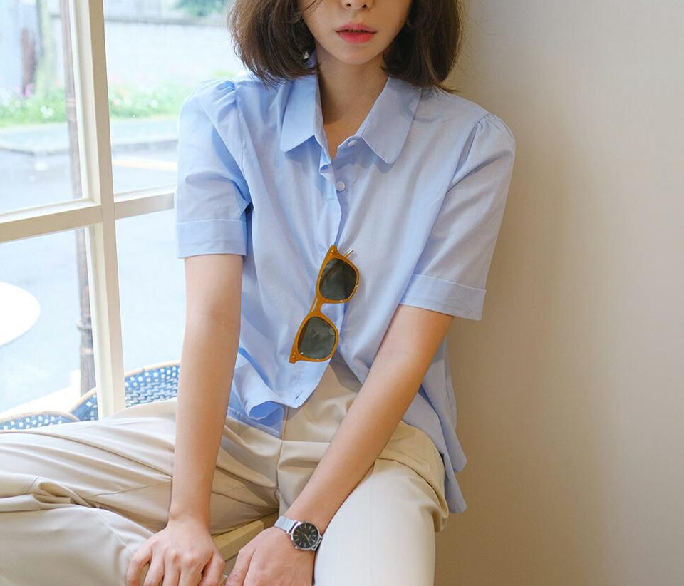 ロールアップ半袖シャツ・全8色・t62347 レディース 【tops】 トップス シャツ 半袖 ロールアップ 単色 無地 シンプル ベーシック カジュアル 大人 春 夏 韓国 ファッション