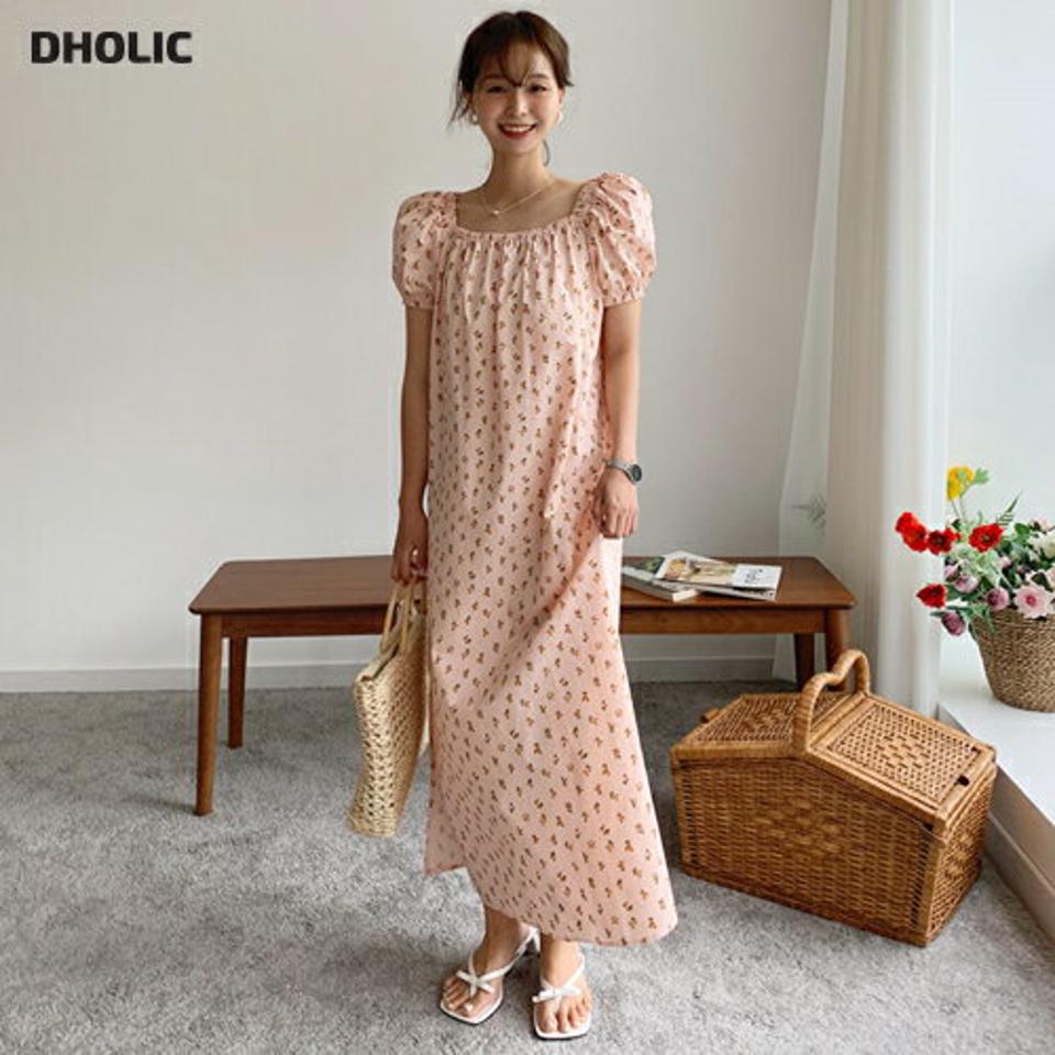 ストラップ付花柄ワンピース・全3色・t62352 レディース 【ops】 ワンピース ロング 半袖 花柄 レトロ スクエアネック デコルテ 鎖骨 可愛い かわいい パフ袖 パフスリーブ 春 夏 韓国 ファッション