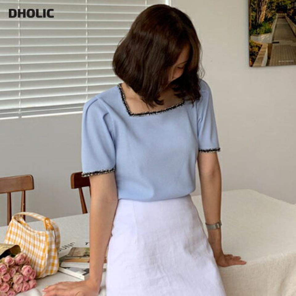 【10%OFF】ツイード配色ブラウス・全4色・t62343 レディース 【bl】 トップス ブラウス 配色 半袖 ツイード スクエアネック デコルテ 鎖骨 上品 高級感 春 夏 韓国ファッション【blセール】