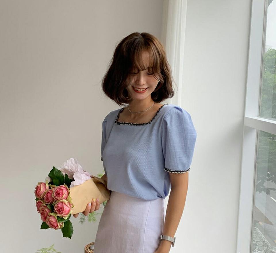 【10%OFF】ツイード配色ブラウス・全4色・t62343 レディース 【bl】 トップス ブラウス 配色 半袖 ツイード スクエアネック デコルテ 鎖骨 上品 高級感 春 夏 韓国ファッション【blセール】