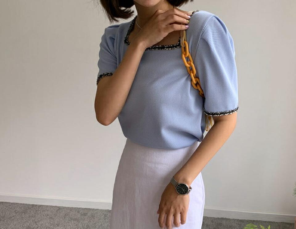 【10%OFF】ツイード配色ブラウス・全4色・t62343 レディース 【bl】 トップス ブラウス 配色 半袖 ツイード スクエアネック デコルテ 鎖骨 上品 高級感 春 夏 韓国ファッション【blセール】