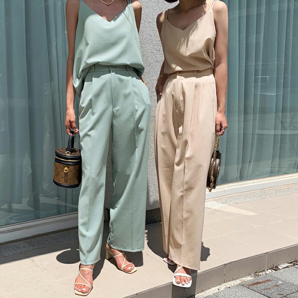 バッククロススリーブレス&スラックスSET・全3色・t64124 レディース 【pt】セットアップ トップス スリーブレス ノースリーブ キャミソール スラックス パンツ 単色 無地 楽ちん シンプル パステル カラーパンツ 春 夏 韓国ファッション