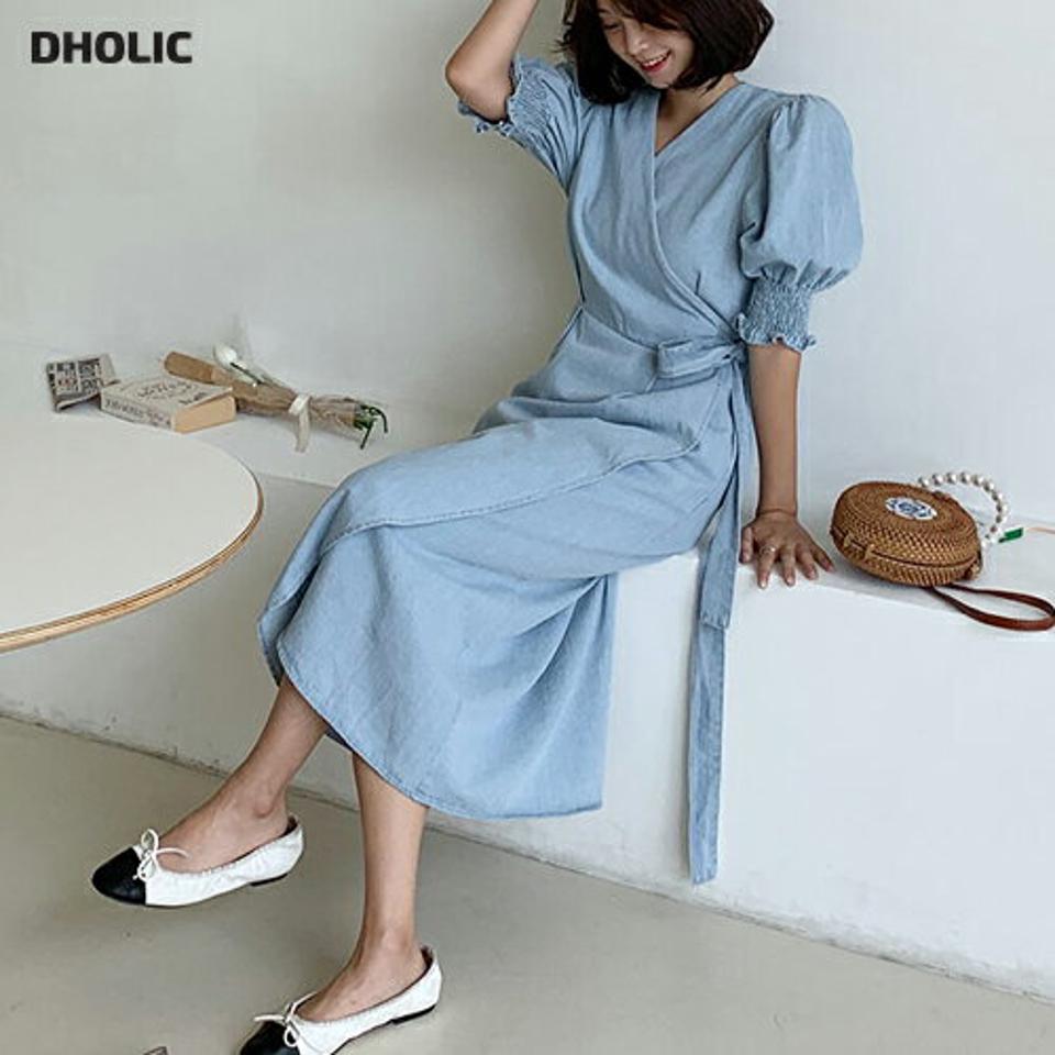 【全品10%OFF】パフスリーブデニムラップワンピース・全2色・b64121 レディース 【ops】【ワンピース ロング ラップデザイン デニム 半袖 ハーフスリーブ パフ袖 パフスリーブ ガーリー 可愛い かわいい シャーリング 春 夏 韓国 ファッション】