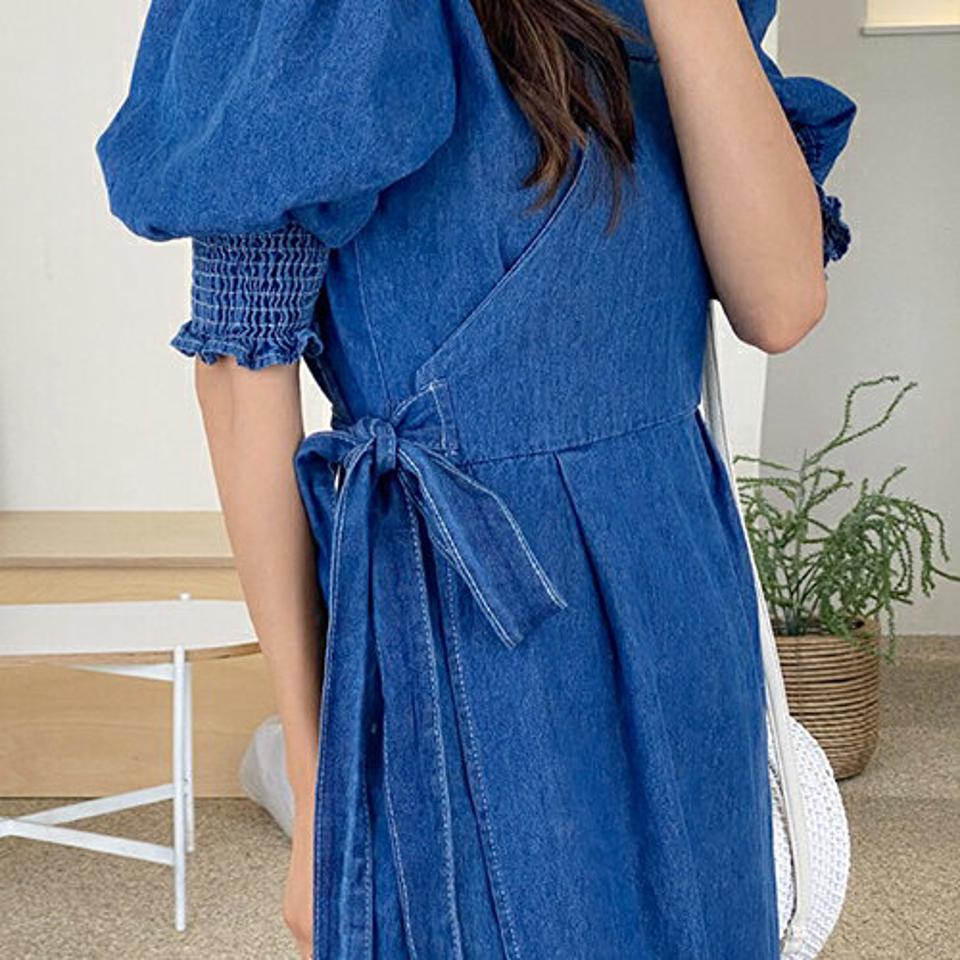 【全品10%OFF】パフスリーブデニムラップワンピース・全2色・b64121 レディース 【ops】【ワンピース ロング ラップデザイン デニム 半袖 ハーフスリーブ パフ袖 パフスリーブ ガーリー 可愛い かわいい シャーリング 春 夏 韓国 ファッション】