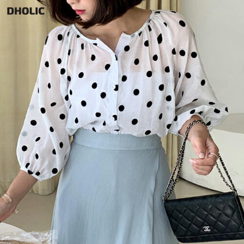 【全品10%OFF】2WAYドットブラウス・全2色・b64115 レディース 【bl】【トップス ブラウス 七分丈 七分袖 7分丈 7分袖 ドット柄 レトロ 前後着用自由 可愛い かわいい シアー 透け感 シースルー 春 夏 秋 韓国 ファッション】