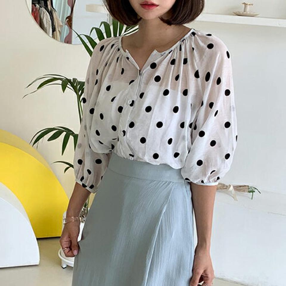 【全品10%OFF】2WAYドットブラウス・全2色・b64115 レディース 【bl】【トップス ブラウス 七分丈 七分袖 7分丈 7分袖 ドット柄 レトロ 前後着用自由 可愛い かわいい シアー 透け感 シースルー 春 夏 秋 韓国 ファッション】