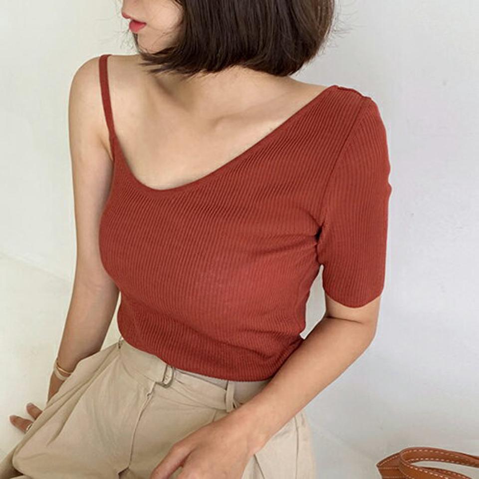 2WAYアンバランスリブニット・全4色・t64116 レディース 【tops】 トップス ニット ニットトップス アンバランス 半袖 スリーブレス ノースリーブ 前後着用自由 カジュアル 単色 リブ シンプル 春 夏 韓国 ファッション