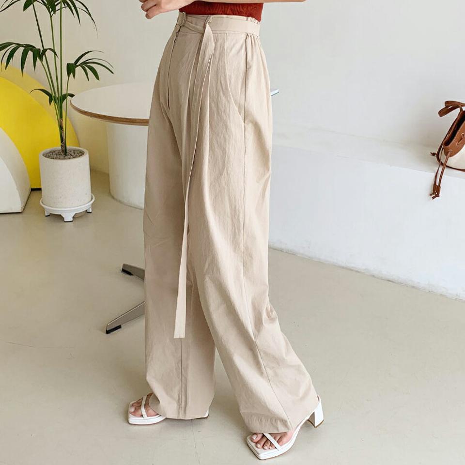 ベルト付ワイドコットンパンツ・全2色・t64131 レディース 【pt】 パンツ ズボン ロングパンツ ワイド ベルト 単色 無地 シンプル 大人 カジュアル 春 夏 秋 韓国 ファッション