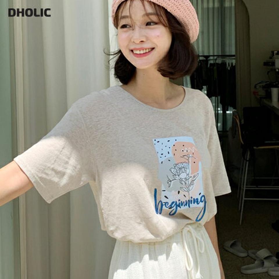 リネン混プリントTシャツ・全3色・b64109 レディース 【tops】 トップス Tシャツ 半袖 プリント リネン カジュアル ラフ 花柄 ロゴ ラフ グリッター ラメ 春 夏 韓国 ファッション