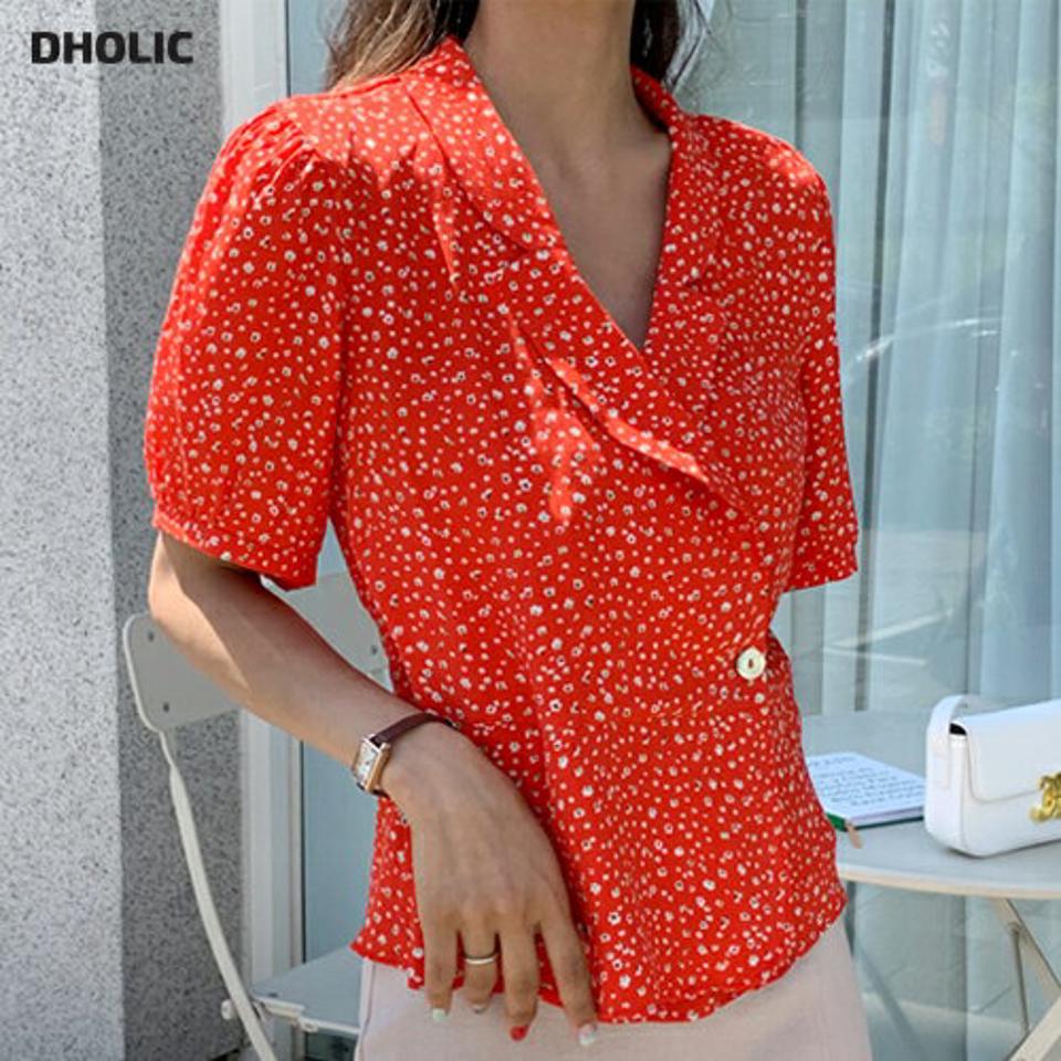 花柄カラーラップブラウス・全2色・b64117 レディース 【bl】 トップス ブラウス ラップデザイン 花柄 小花柄 レトロ 可愛い かわいい 半袖 ハーフスリーブ 開襟 春 夏 韓国 ファッション