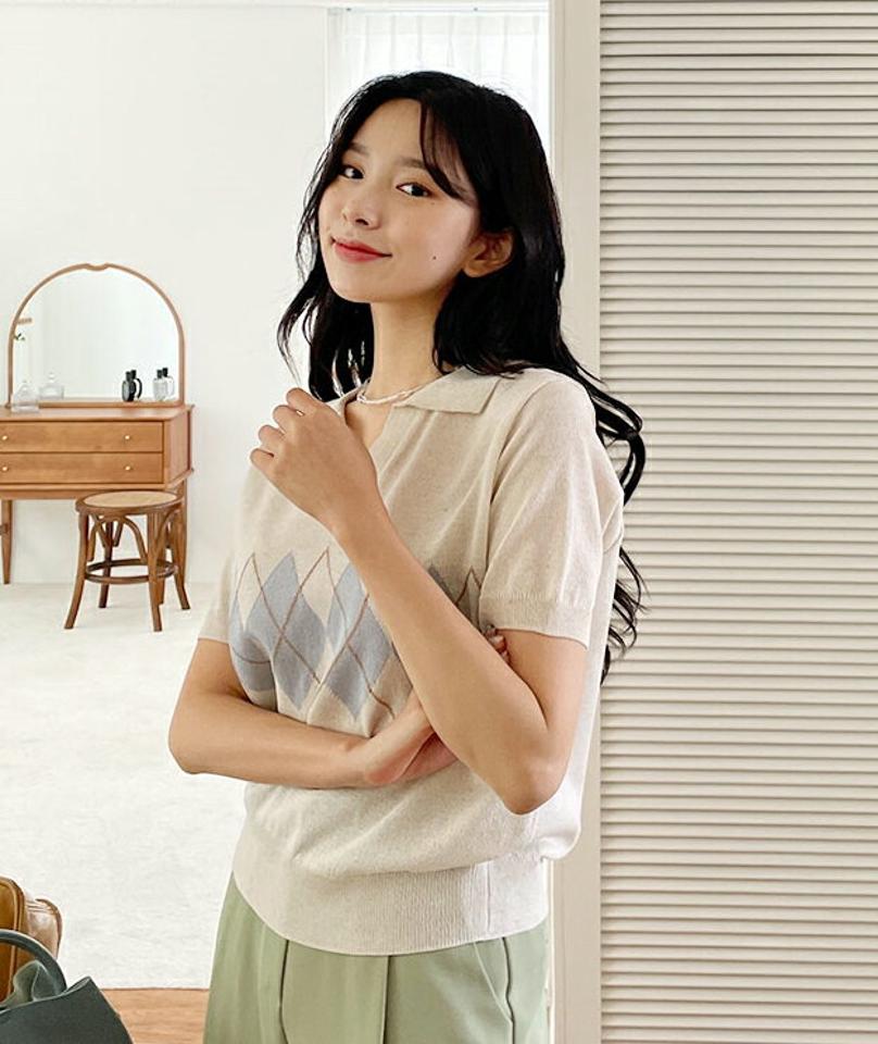 リネン混アーガイルニット・全3色・t00119 レディース 【tops】 トップス ニット 半袖 アーガイル柄 リネン カジュアル Vネック 大人 ポロ襟 襟 春 夏 韓国 ファッション NIJU