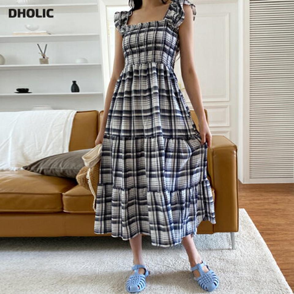 チェックフリルノースリワンピース・全2色・b00126 レディース 【ops】 ワンピース ロング スリーブレス ノースリーブ チェック柄 フリル ガーリー 可愛い かわいい シャーリング リンクル 春 夏 韓国 ファッション NIJU