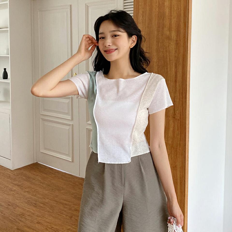 サイド配色Tシャツ・全3色・t00143 レディース 【tops】 トップス Tシャツ 半袖 配色 クロップド丈 ラウンドネック ショートスリーブ カジュアル 春 夏 韓国 ファッション NIJU
