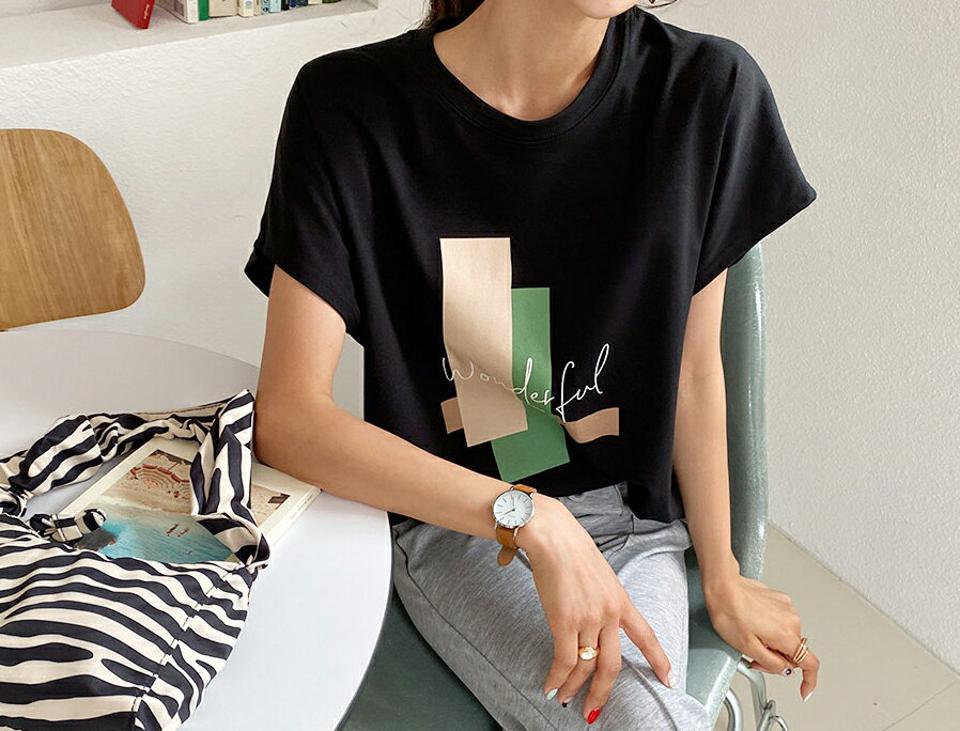 配色プリントTシャツ・全4色・b57635 レディース 【tops】 トップス Tシャツ 半袖 プリント 配色 カジュアル ラフ 春 夏 韓国 ファッション