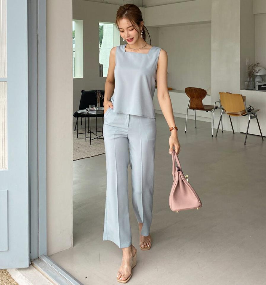 スクエアスリーブレス&ボタンスラックスSET・全2色・t69093 レディース 【pt】 セットアップ setup トップス スリーブレス ノースリーブ パンツ スラックス 単色 無地 シンプル ベーシック きれいめ 春 夏 韓国ファッション ハイホリHIHOLLI