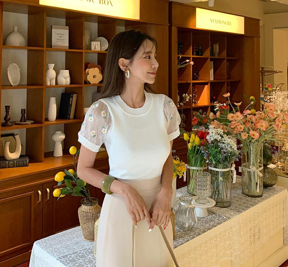 花柄シアースリーブニット・全4色・b62348 レディース 【tops】 トップス ニット ニットトップス 半袖 シアー シースルー 透け感 花柄 フェミニン 可愛い かわいい 春 夏 韓国 ファッション