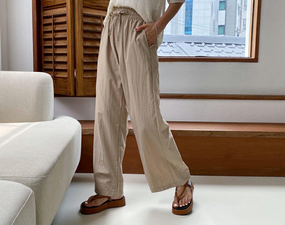 ドロストワイドパンツ・全4色・t57655 レディース 【pt】 パンツ ズボン ロングパンツ ワイド ドロスト 単色 無地 シンプル カジュアル ナイロン ラフ ウエストゴム 春 夏 韓国 ファッション