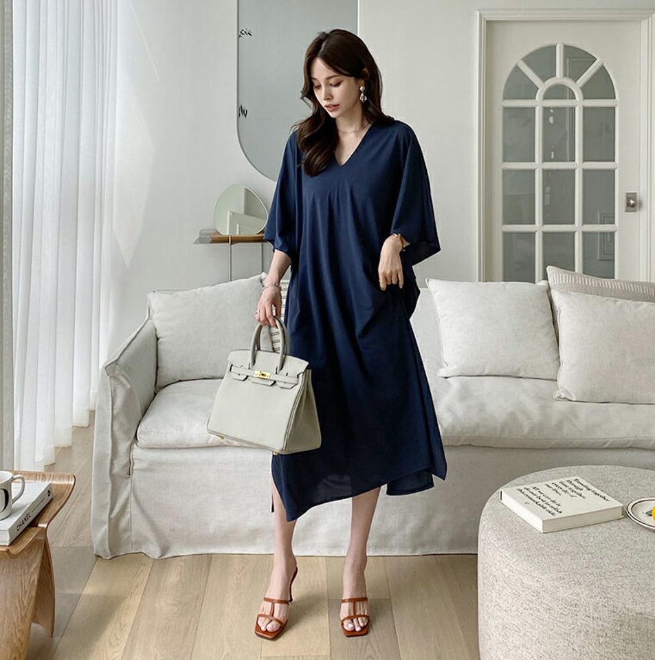 Vネックワンピース・全3色・b00038 レディース 【ops】 ワンピース ロング Vネック 上品 体型カバー ゆったり 大人 スリット 単色 無地 シンプル 七分丈 七分袖 7分丈 7分袖 春 夏 韓国 ファッション ハイホリHIHOLLI