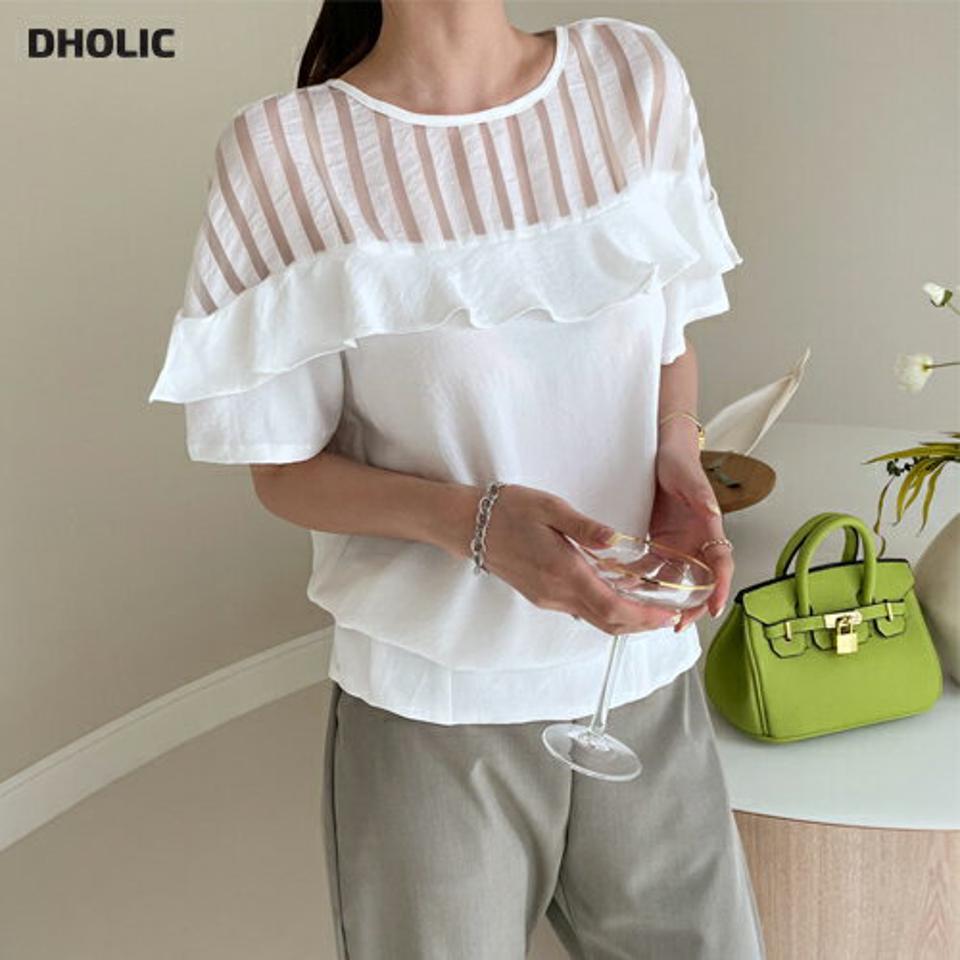 フリルシアーショルダーブラウス・全3色・b00030 レディース 【bl】 トップス ブラウス フリル シアー 透け感 シースルー 半袖 ハーフスリーブ ストライプ柄 カジュアル 春 夏 韓国 ファッション ハイホリHIHOLLI